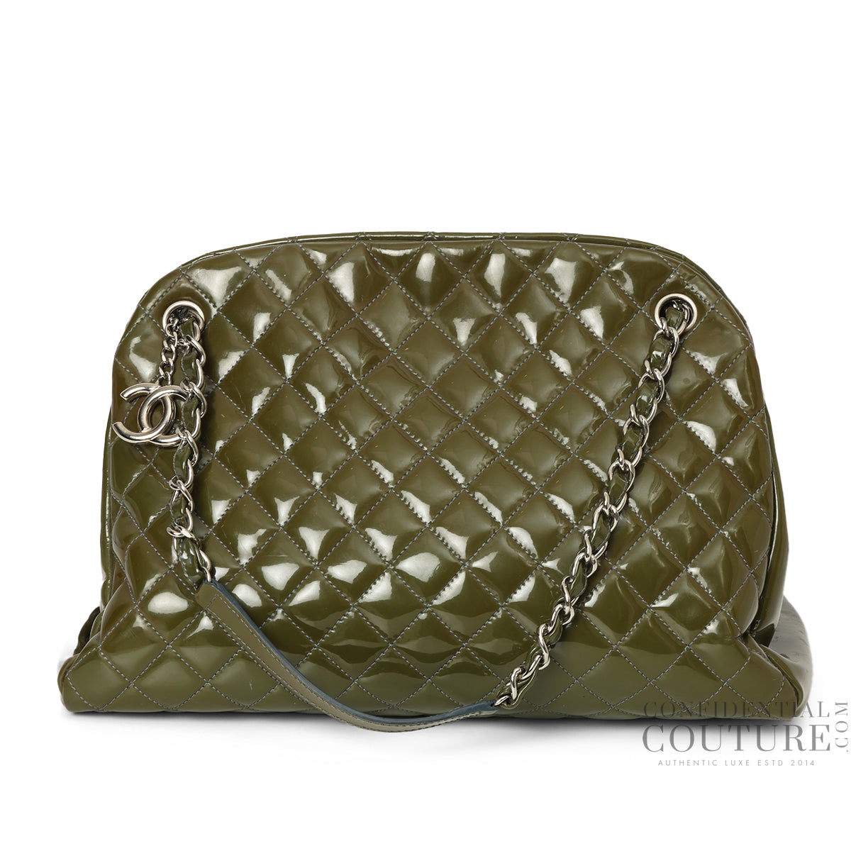 Moose Green Quilted Patent Leather Large Just Mademoiselle Bag