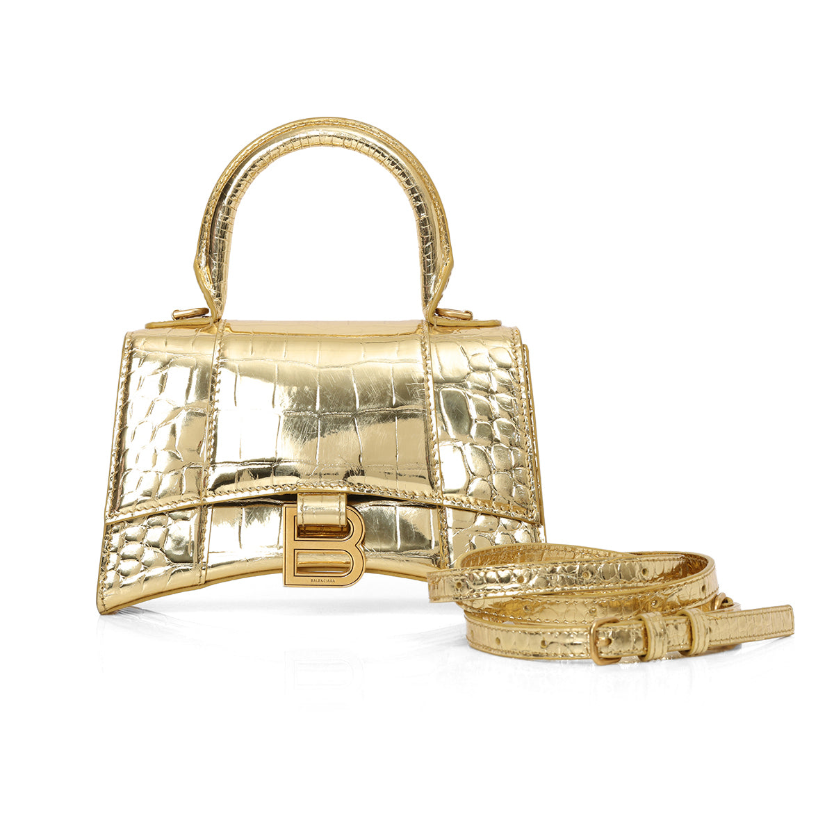 Hourglass XS Top Handle Bag in Metallic Crocodile Embossed Calfskin