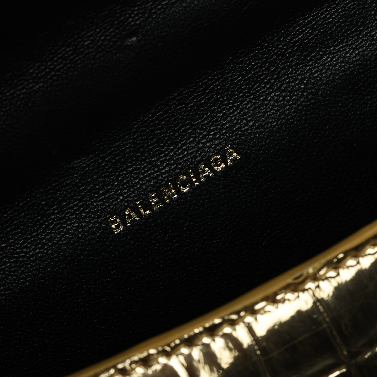 Hourglass XS Top Handle Bag in Metallic Crocodile Embossed Calfskin