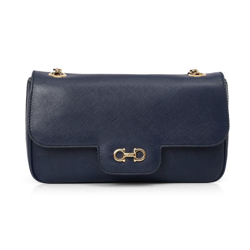 Salvatore Ferragamo Dark Blue Leather Gancini Shoulder Bag One Size