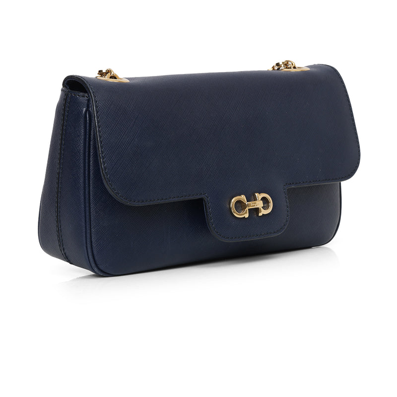 Pre-loved Salvatore Ferragamo Dark Blue Leather Gancini Shoulder Bag One Size