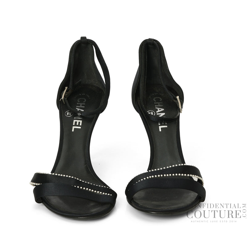 Chanel black satin & pearl double strap sandals eu 39 sale