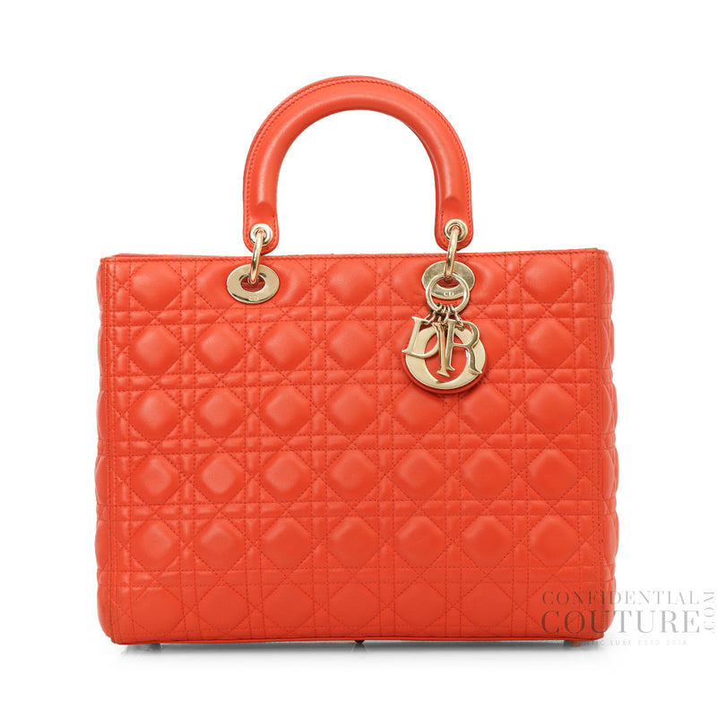 Christian Dior Orange Cannage Quilted Lambskin Leather Large Lady Dior Bag