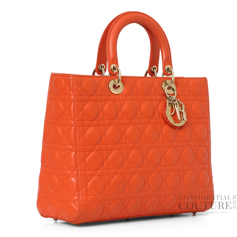 Pre owned Christian Dior Orange Cannage Quilted Lambskin Leather Large Lady Dior Bag