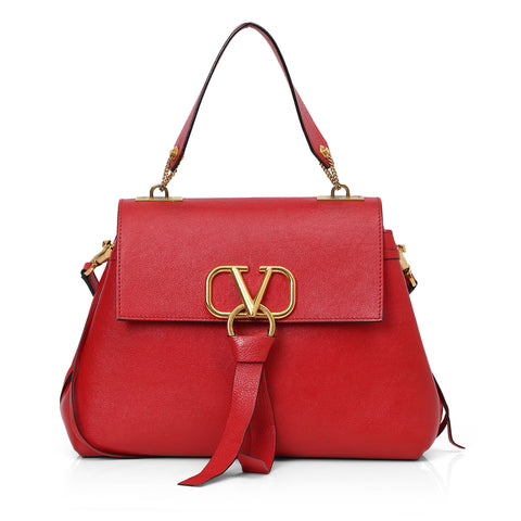 Red Leather V-Ring Shoulder Bag One Size