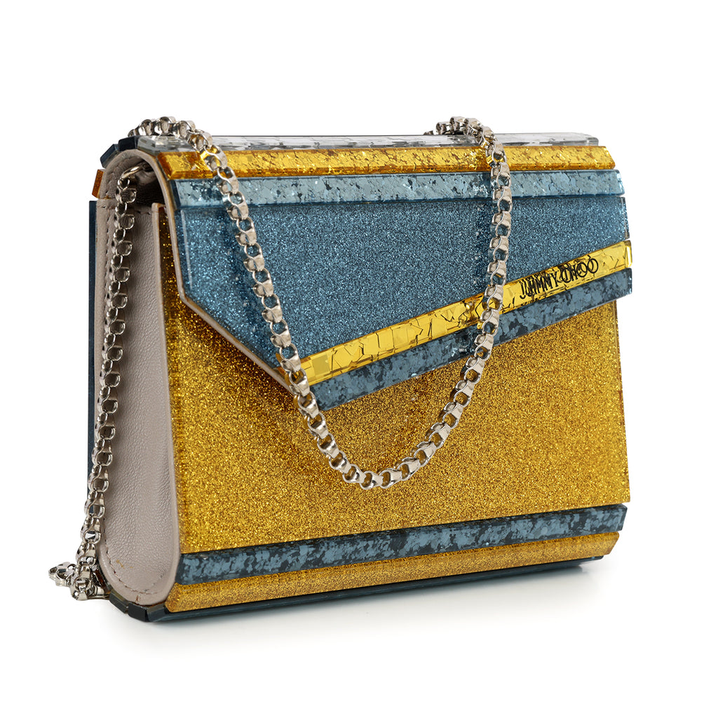 SHOP PRELOVED Jimmy Choo Blue and Gold Shimmer Candy Clutch