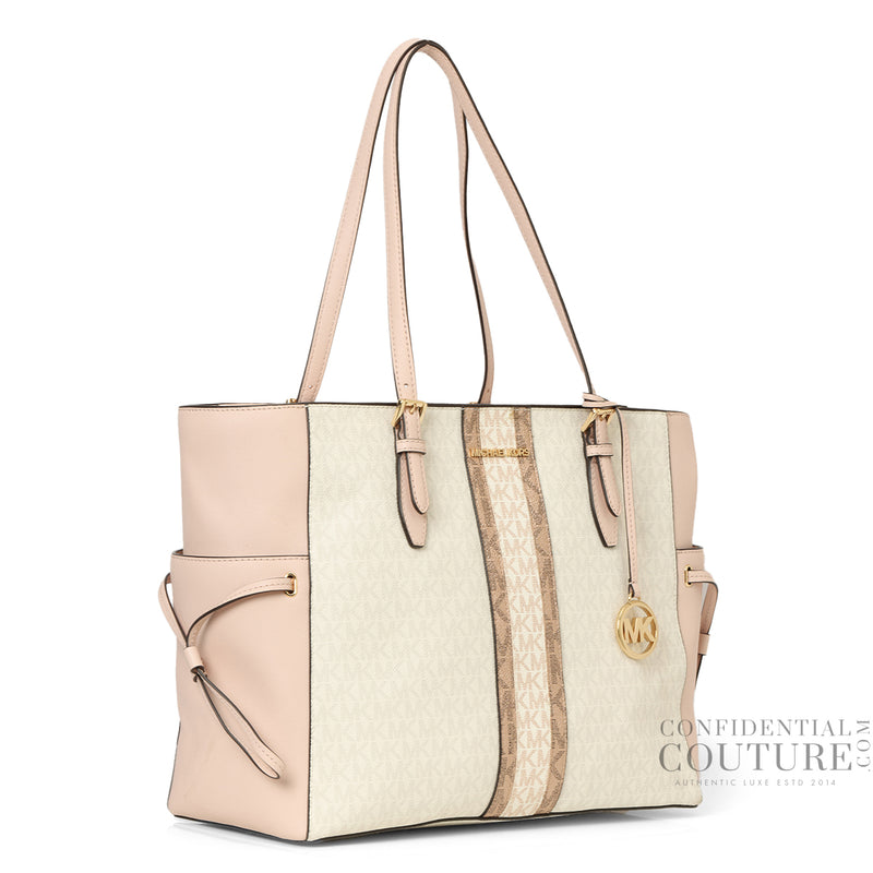 Women Michael Kors Gilly Large Color-Block Baby Pink & White Logo Tote Bag