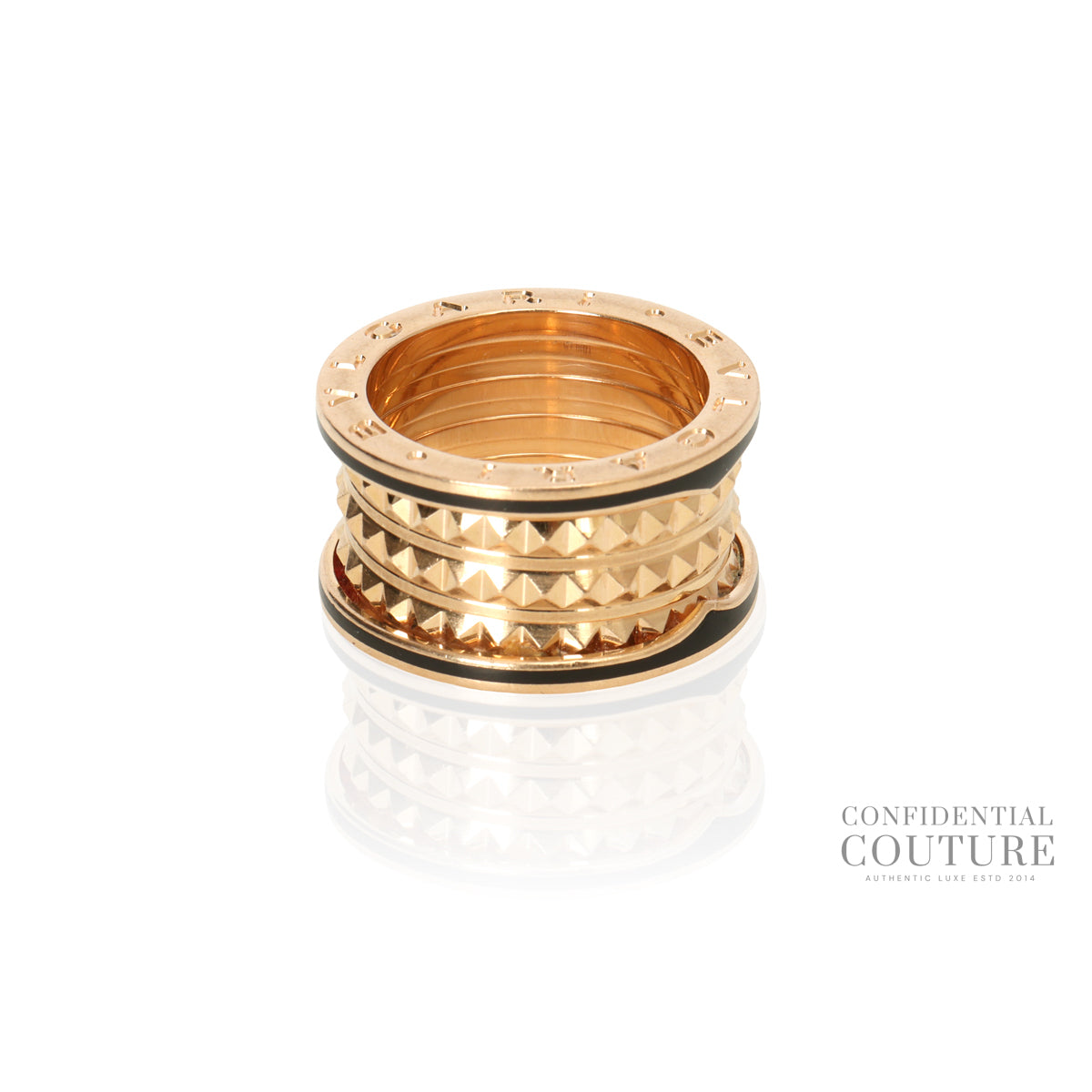 B.zero1 Rock Ring, Four-Band, 18 KT Rose Gold With Black Ceramic Inserts.