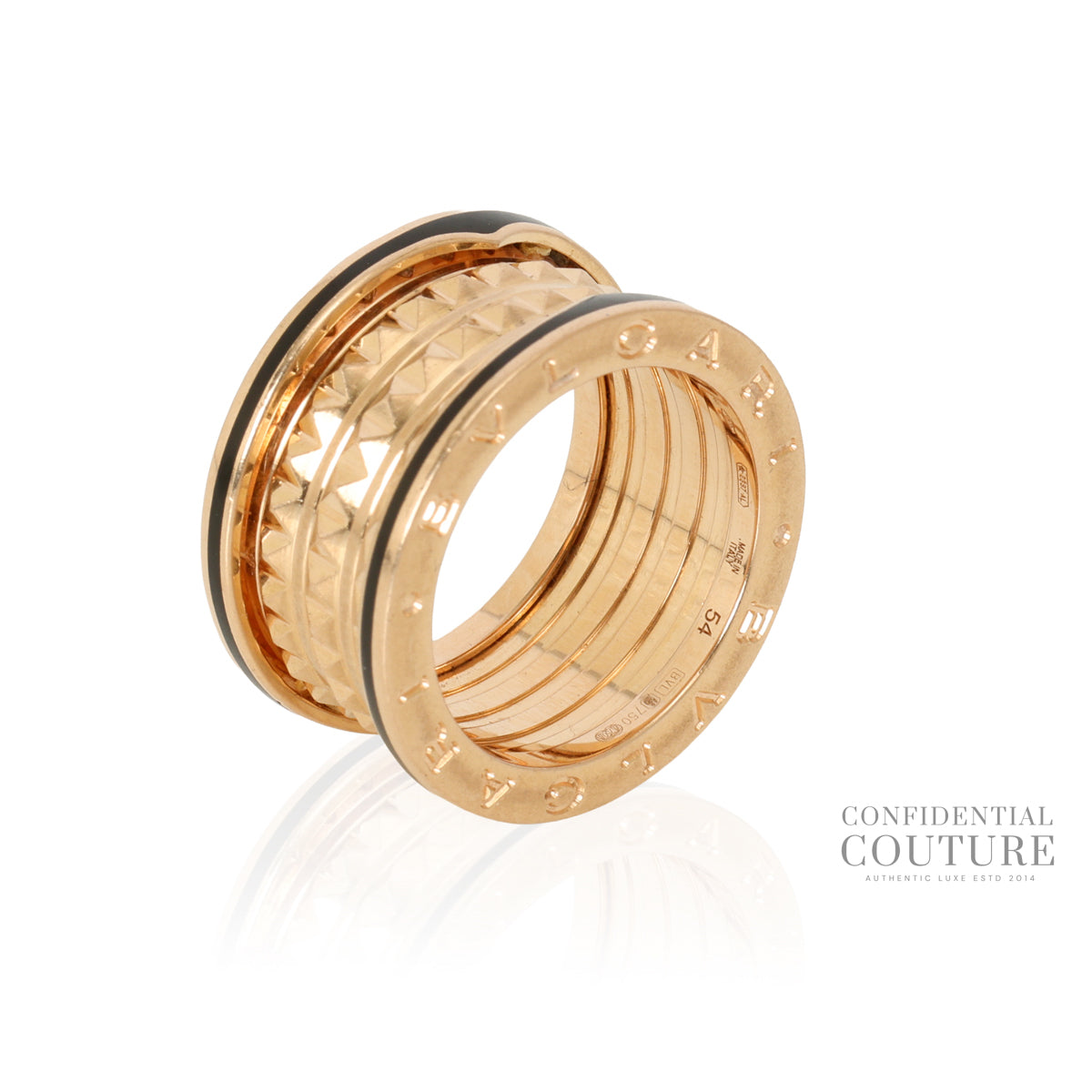 B.zero1 Rock Ring, Four-Band, 18 KT Rose Gold With Black Ceramic Inserts.