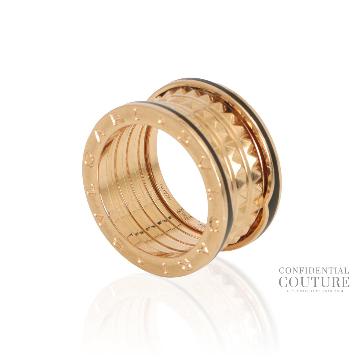 B.zero1 Rock Ring, Four-Band, 18 KT Rose Gold With Black Ceramic Inserts.