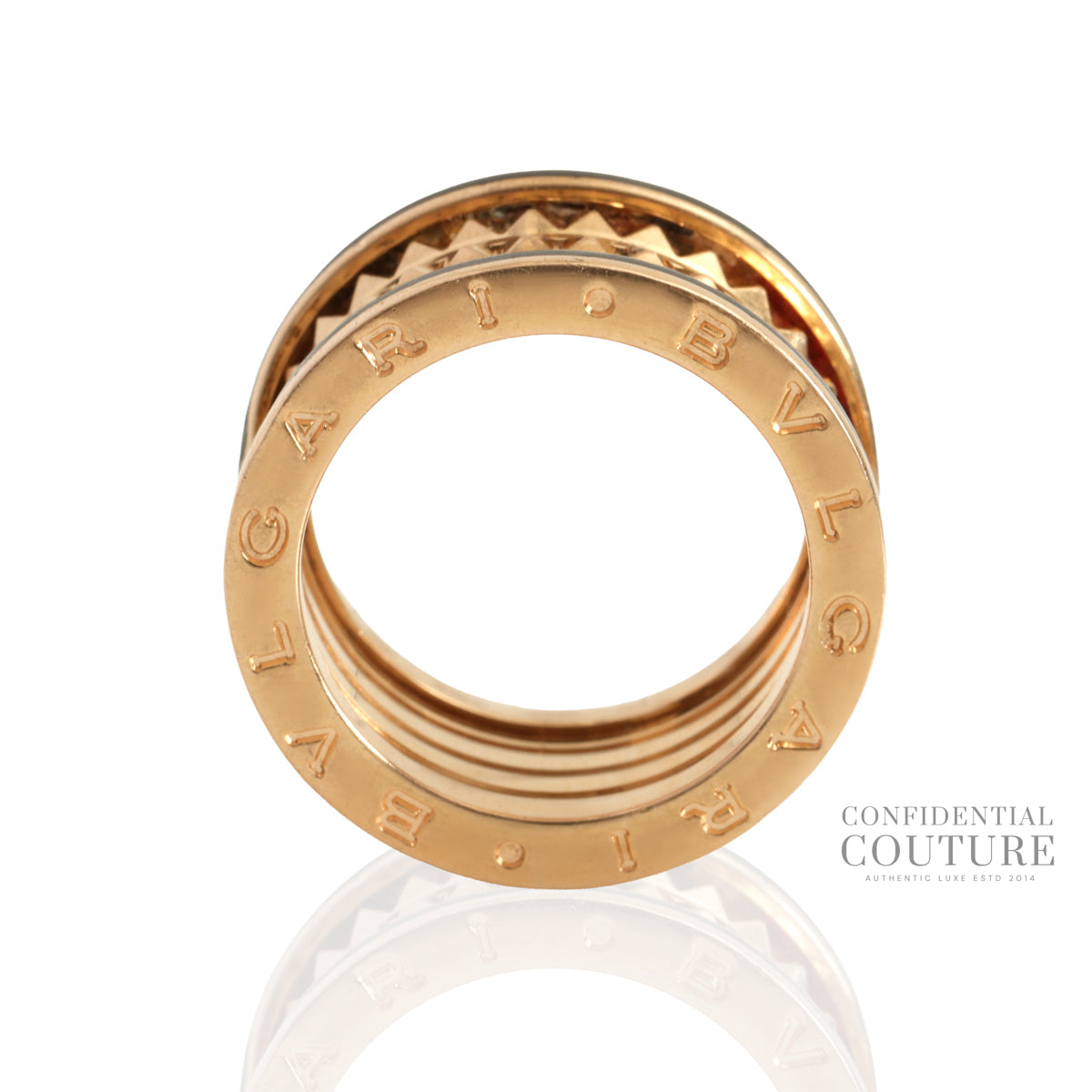 B.zero1 Rock Ring, Four-Band, 18 KT Rose Gold With Black Ceramic Inserts.