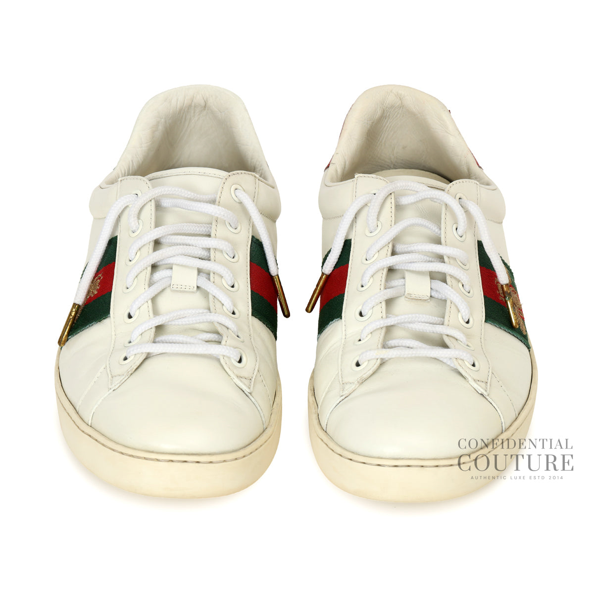 White Leather Embroidered Bee Ace Low Top Sneakers | Size 10