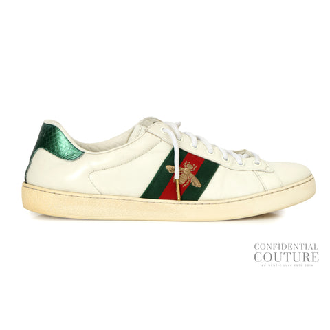 White Leather Embroidered Bee Ace Low Top Sneakers | Size 10
