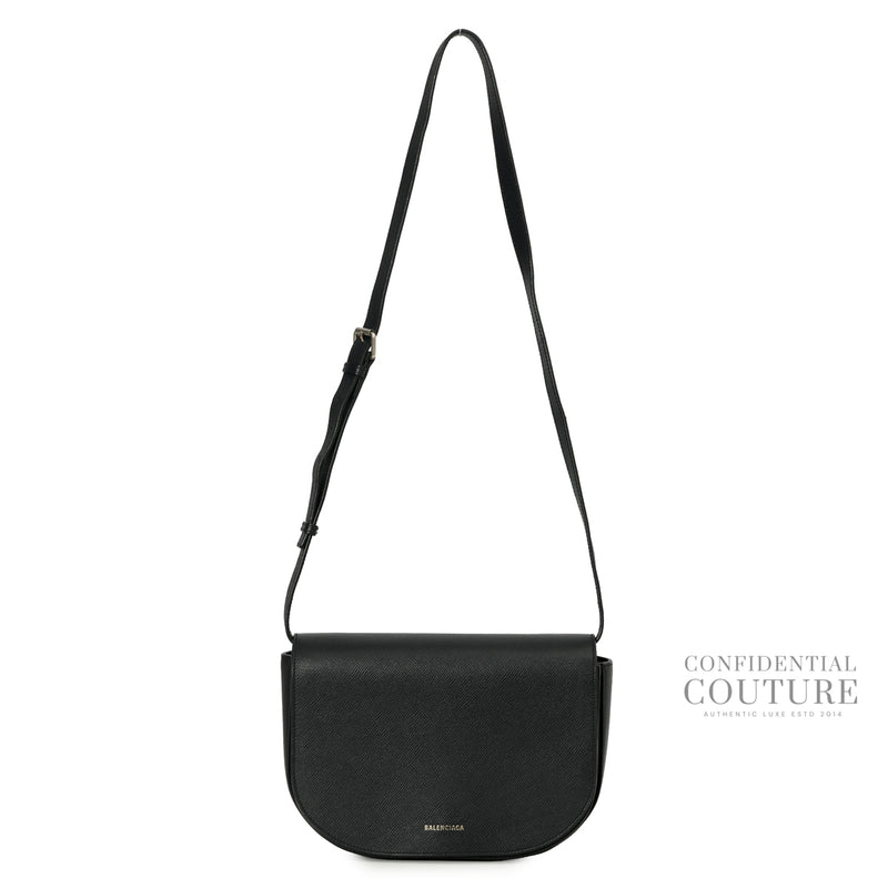 Authentic Balenciaga Black Grained Leather Ville Day S Crossbody Flap Bag