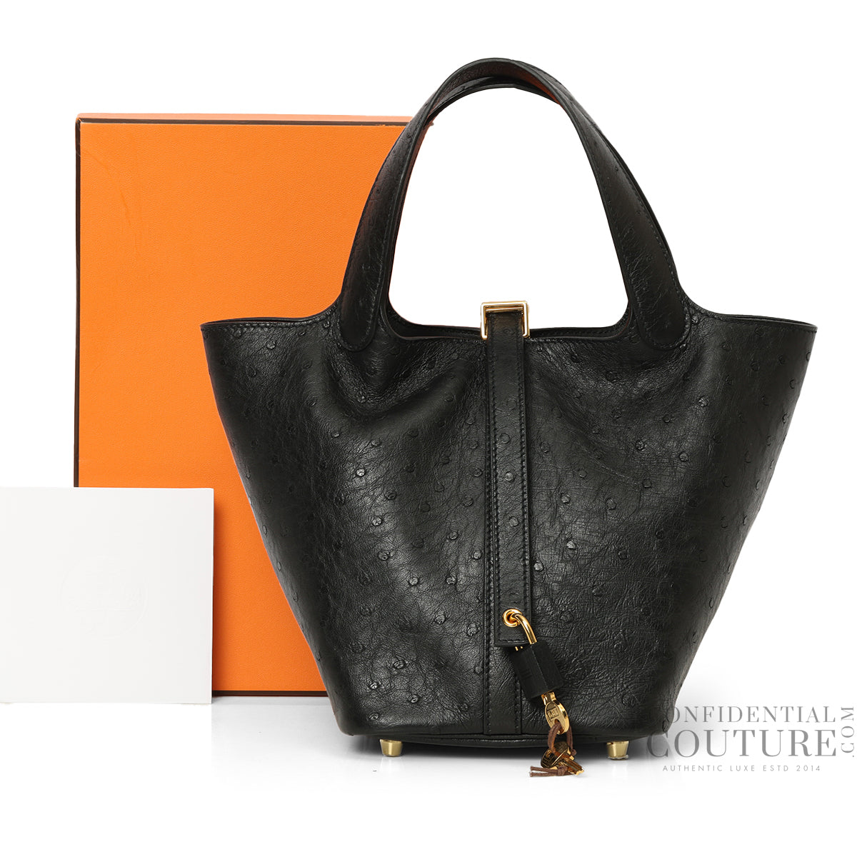 Noir Sac Picotin Lock 18 Autruche, GHW