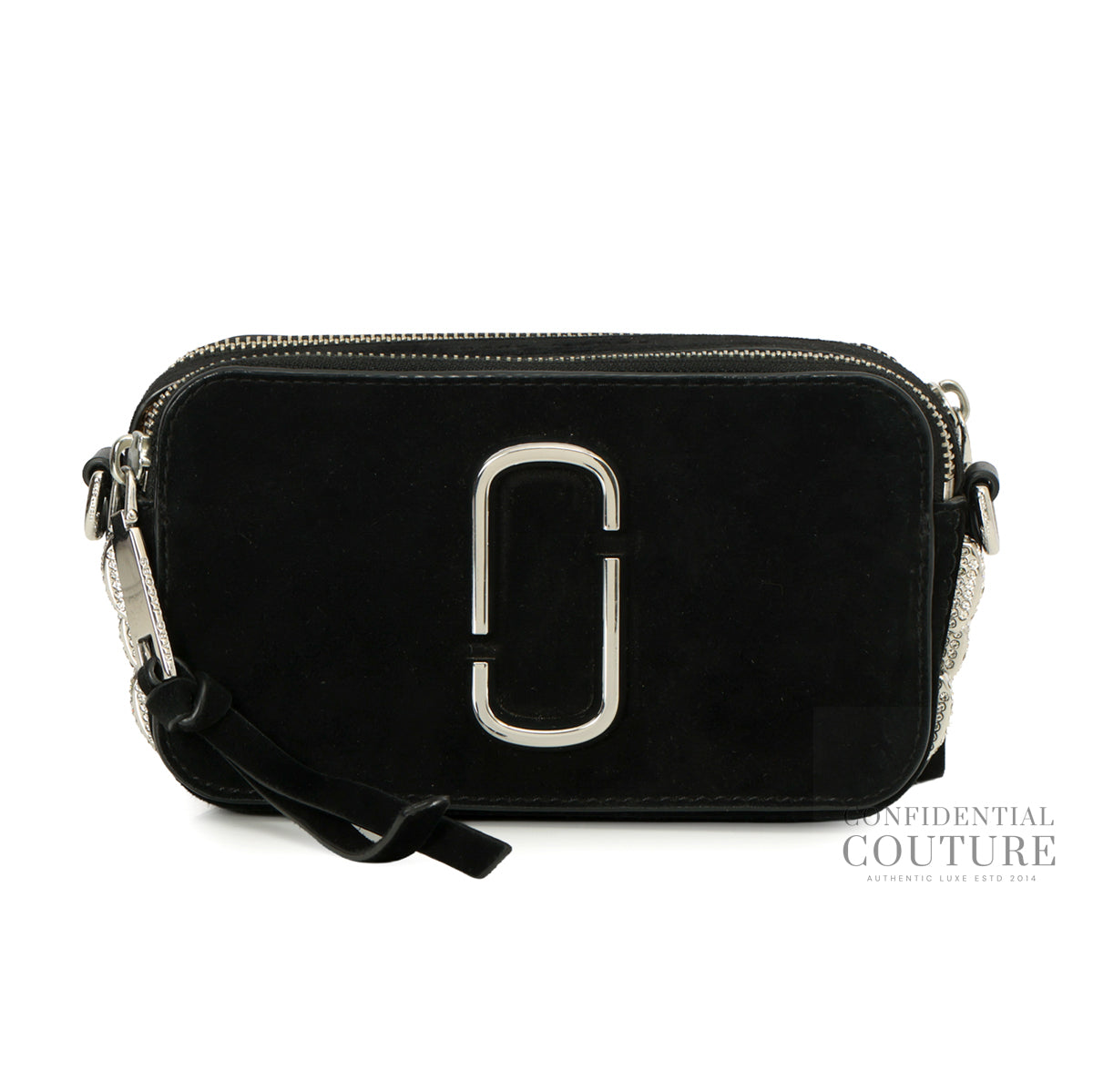 Black Suede Crystal Embellished Snapshot Camera Bag