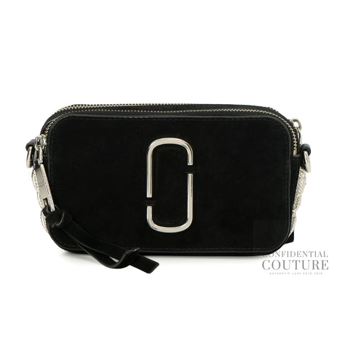 Black Suede Crystal Embellished Snapshot Camera Bag