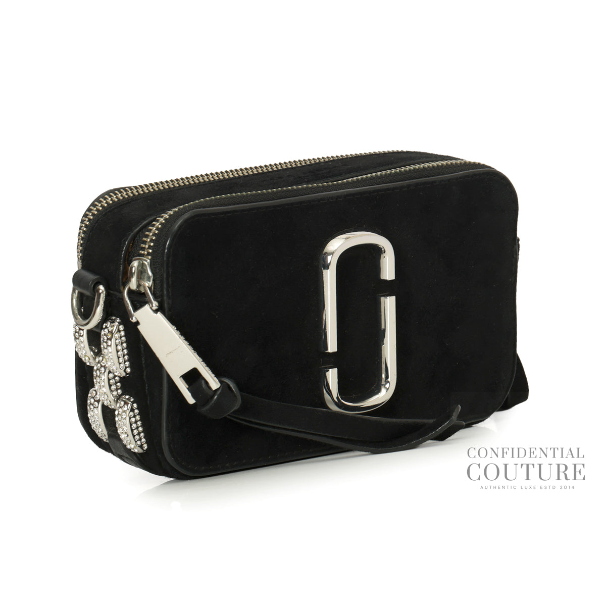 Black Suede Crystal Embellished Snapshot Camera Bag