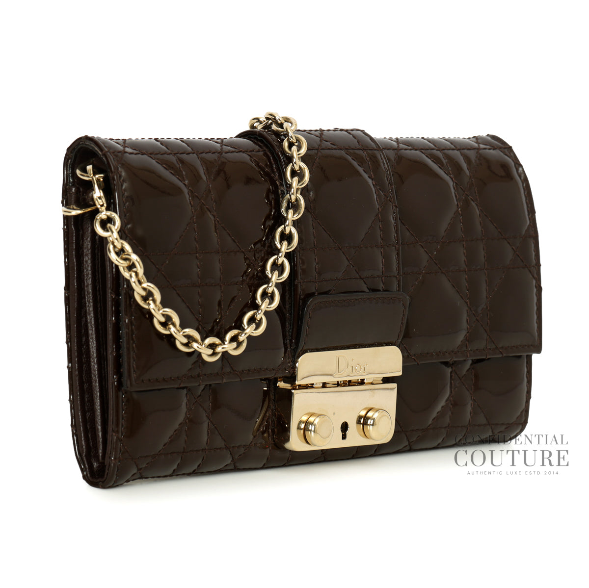 Brown Cannage Quilted Patent Leather Wallet-On-Chain Bag