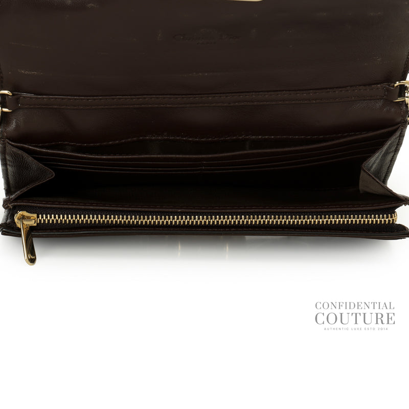 Authentic Christian Dior Brown Cannage Quilted Patent Leather Wallet-On-Chain Bag