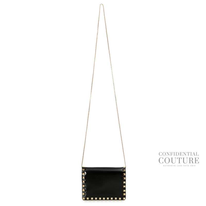 Pre-loved Valentino Garavani Black Patent Leather Rockstud Wallet On Chain