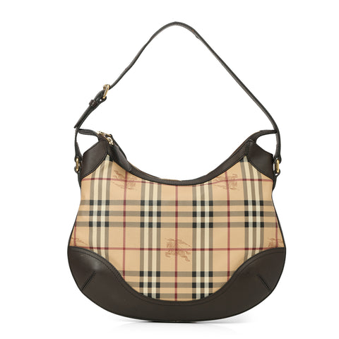 Chocolate Leather Haymarket Check Coated Canvas Dachett Medium Hobo Bag