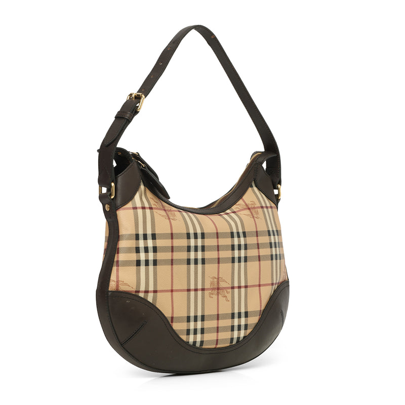 Chocolate Leather Haymarket Check Coated Canvas Dachett Medium Hobo Bag