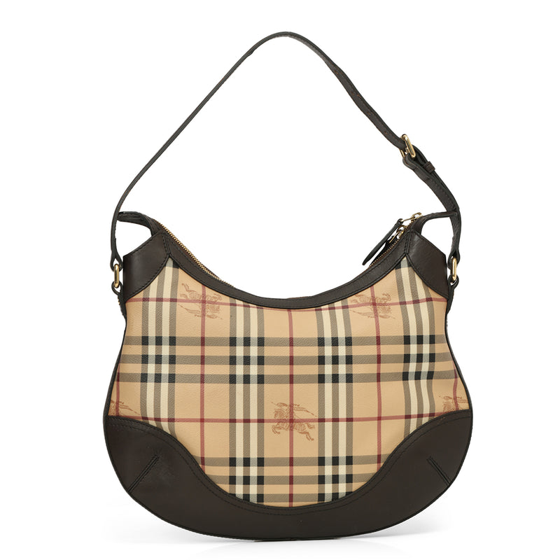 Chocolate Leather Haymarket Check Coated Canvas Dachett Medium Hobo Bag