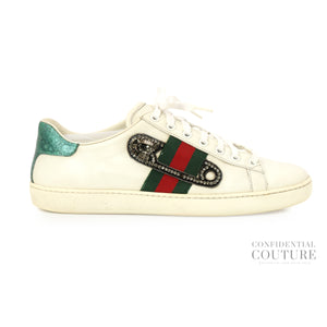 White Leather Ace Safety Pin Embellished Low Top Sneakers EU 38.5 | US 8.5