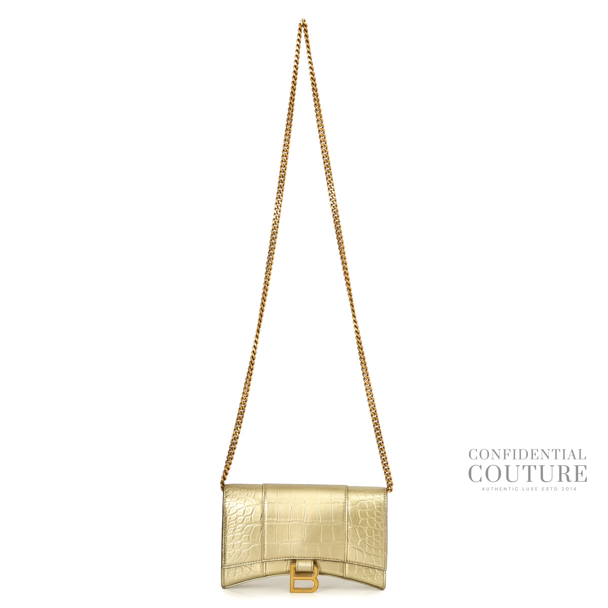 Croc-Embossed Hourglass Wallet On Chain in Gold