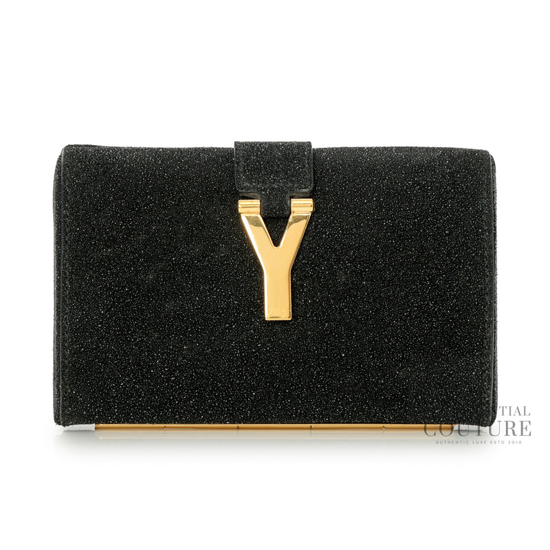 Yves Saint Laurent Chyc Black Shimmer Glitter And Suede Y-Ligne Clutch