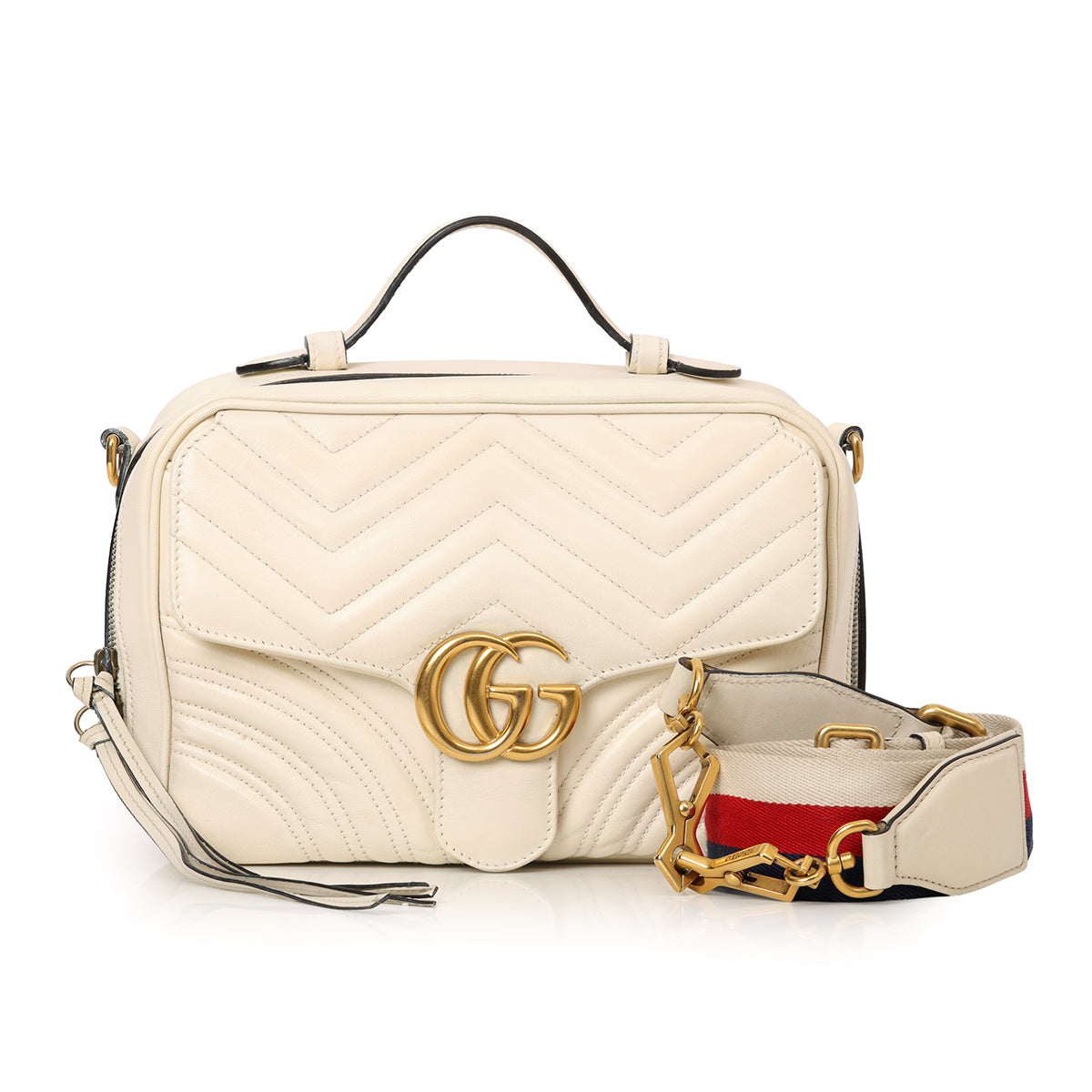 Ivory Calfskin Matelasse Sylvie Web Small GG Marmont Top Handle BAG