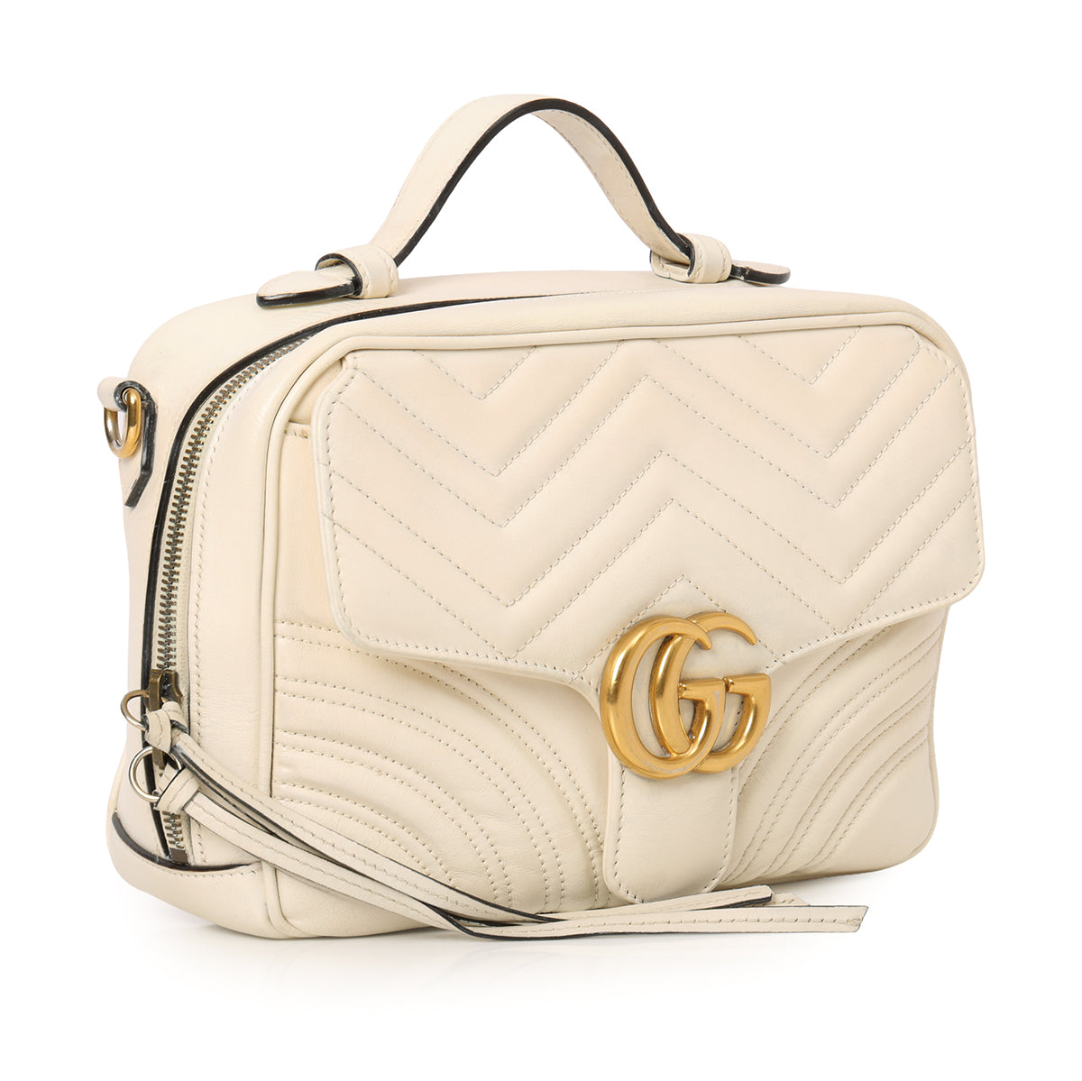 Ivory Calfskin Matelasse Sylvie Web Small GG Marmont Top Handle BAG