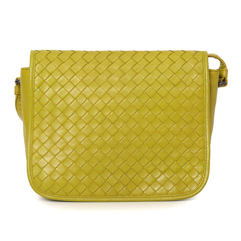 Olive Intrecciato Small Leather Drawstring Flap Crossbody Bag