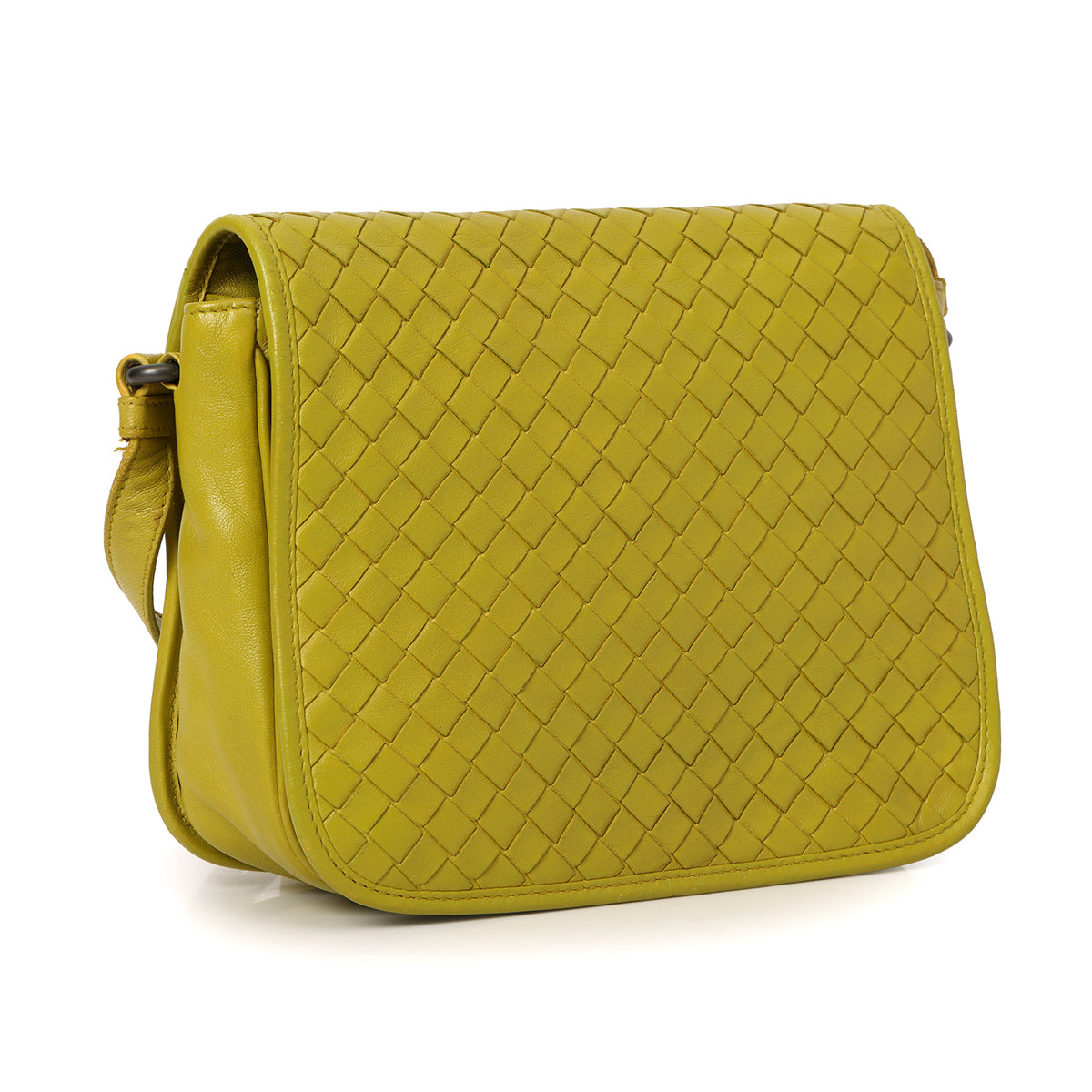 Olive Intrecciato Small Leather Drawstring Flap Crossbody Bag