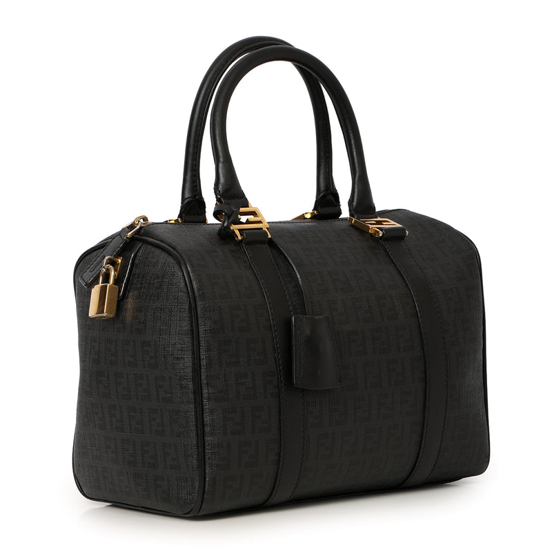Pre-loved Fendi Black Small Noccino Zucchino Spalmati Coated Canvas Forever Bauletto Boston Bag