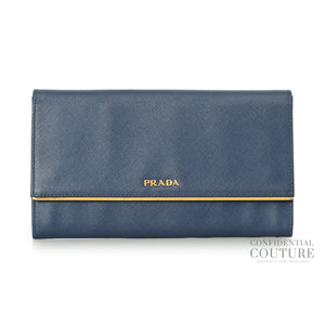 Blue Saffiano Metal Long Flap Wallet