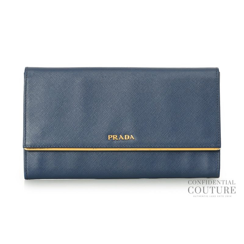 Blue Saffiano Metal Long Flap Wallet