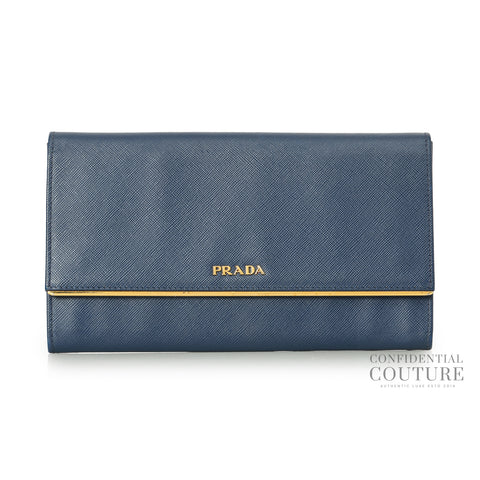 Blue Saffiano Metal Long Flap Wallet