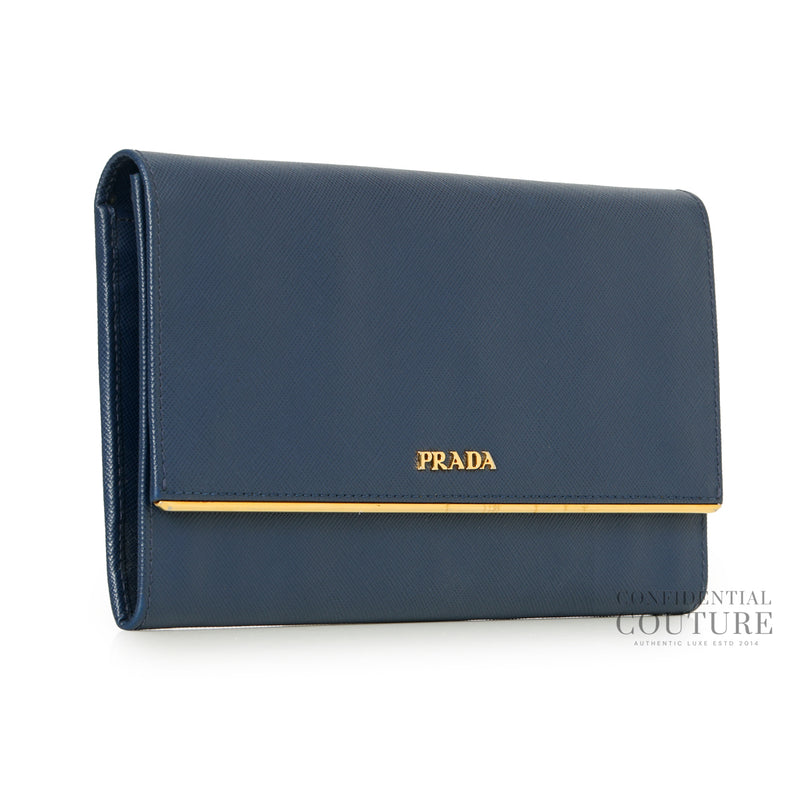 Blue Saffiano Metal Long Flap Wallet