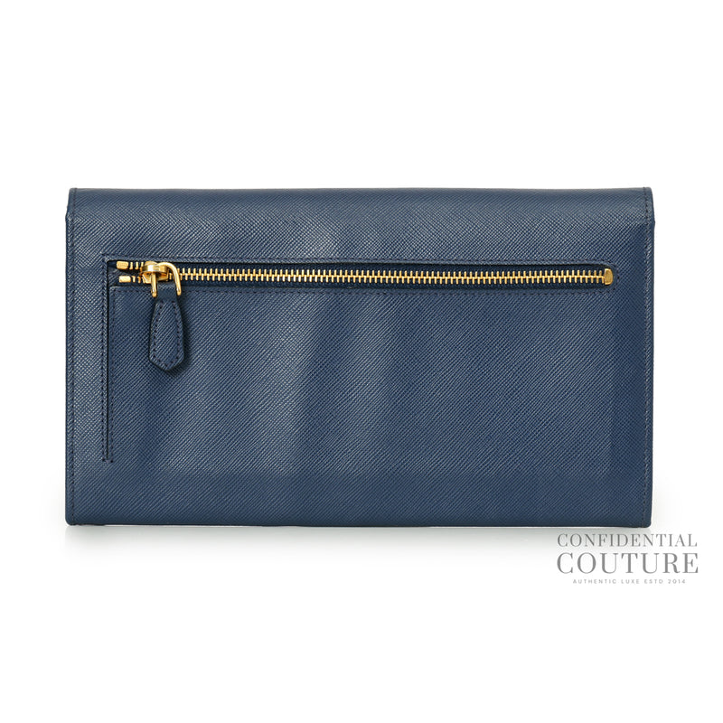 Blue Saffiano Metal Long Flap Wallet