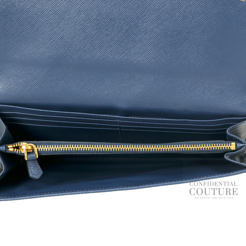 Blue Saffiano Metal Long Flap Wallet