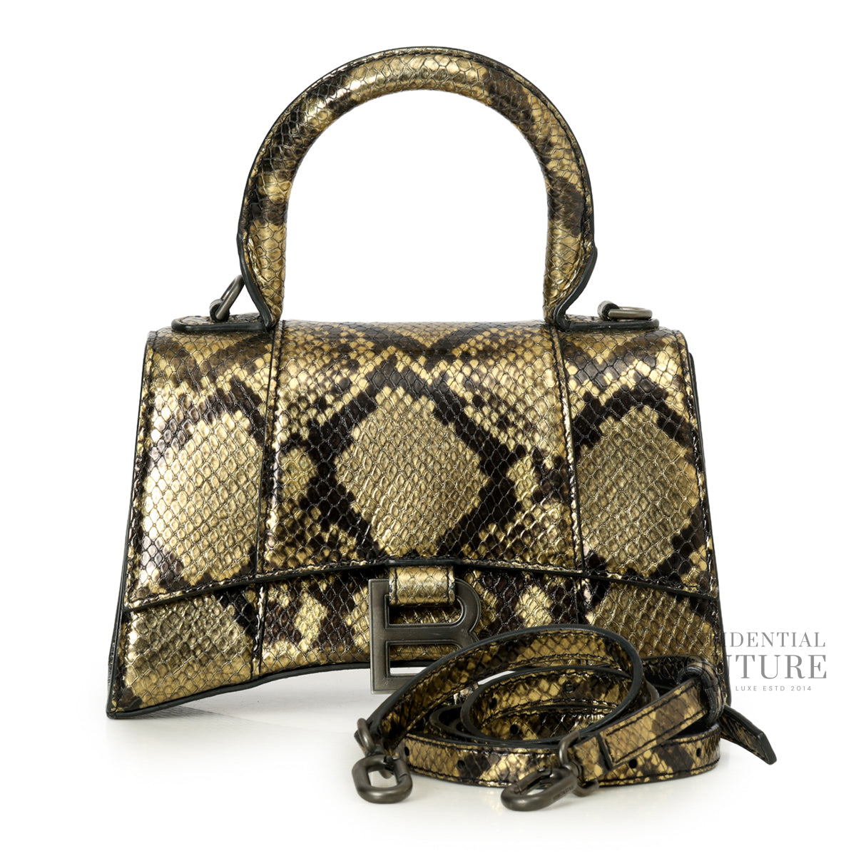 Hourglass XS In Metallic Python Printed Top Handle Calfskin Bag