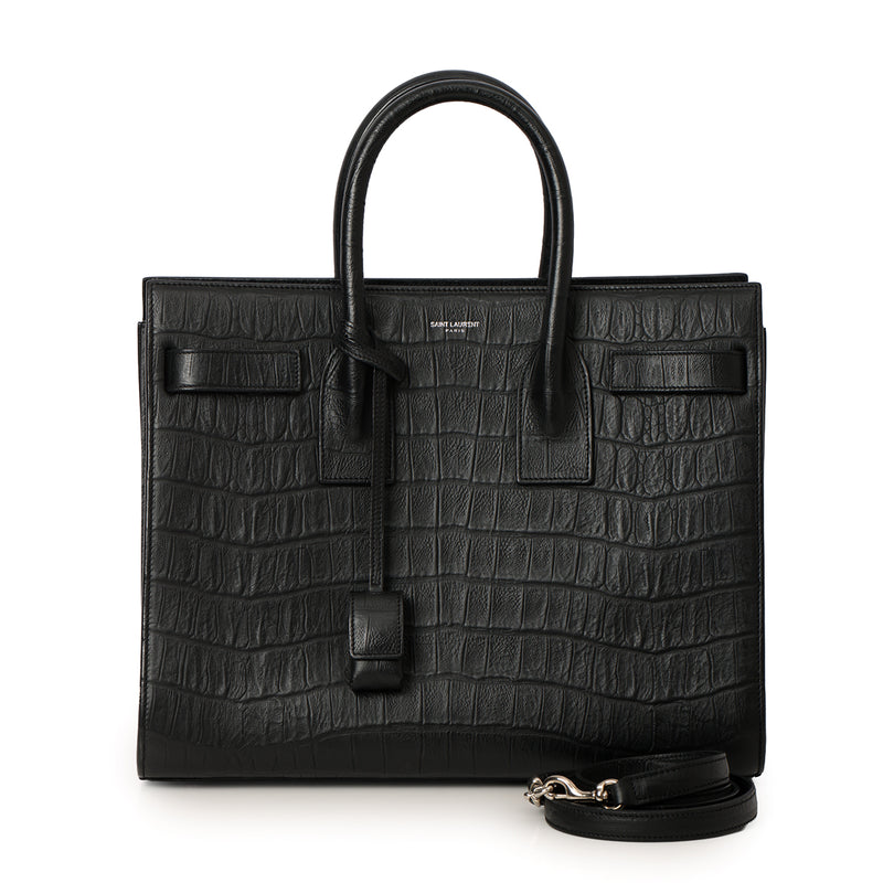 Black Croc Embossed Leather Small Sac De Jour Tote Bag