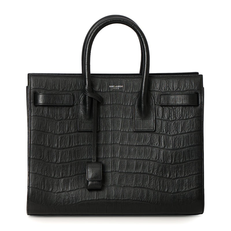 Black Croc Embossed Leather Small Sac De Jour Tote Bag