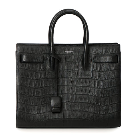 Black Croc Embossed Leather Small Sac De Jour Tote Bag