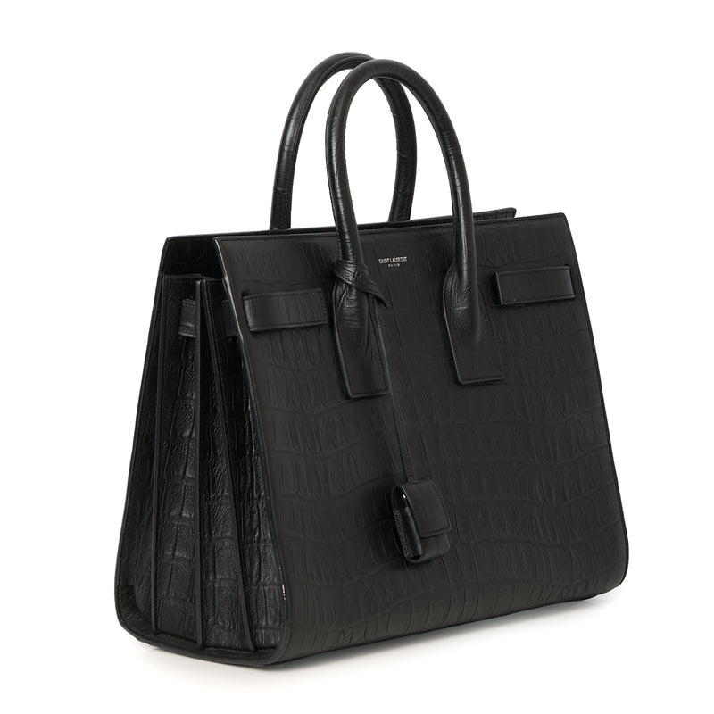 Black Croc Embossed Leather Small Sac De Jour Tote Bag