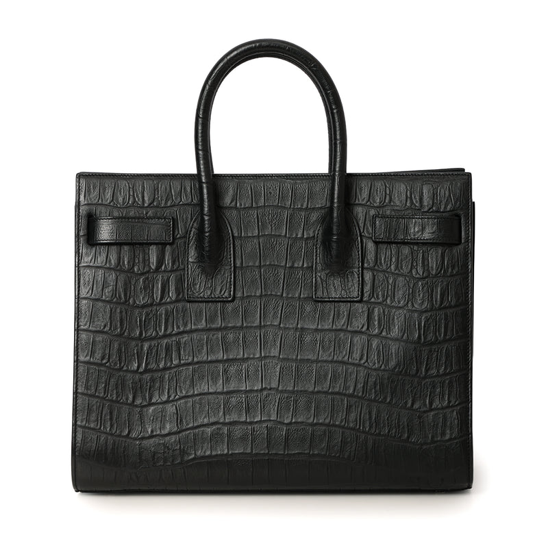 Black Croc Embossed Leather Small Sac De Jour Tote Bag