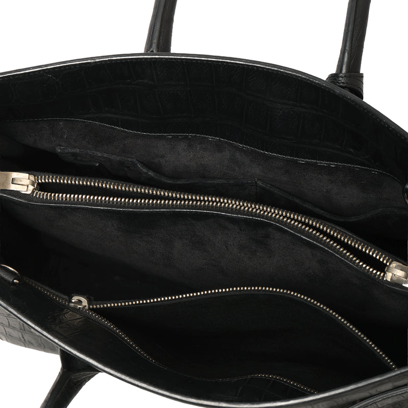 Black Croc Embossed Leather Small Sac De Jour Tote Bag