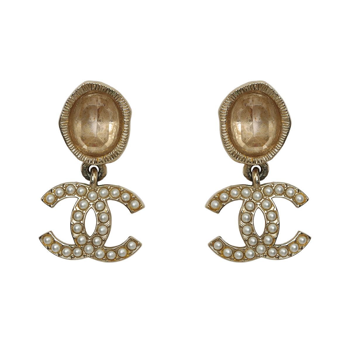 Gold Tone Crystal Pearl CC Drop Earrings
